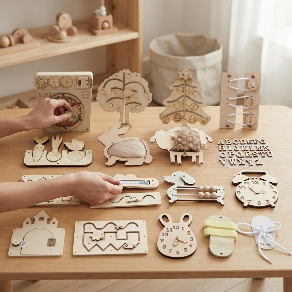 Montessori Wooden Busy Board Toddler - Popularna tablica manipulacyjna Montessori, drewniane puzzle,